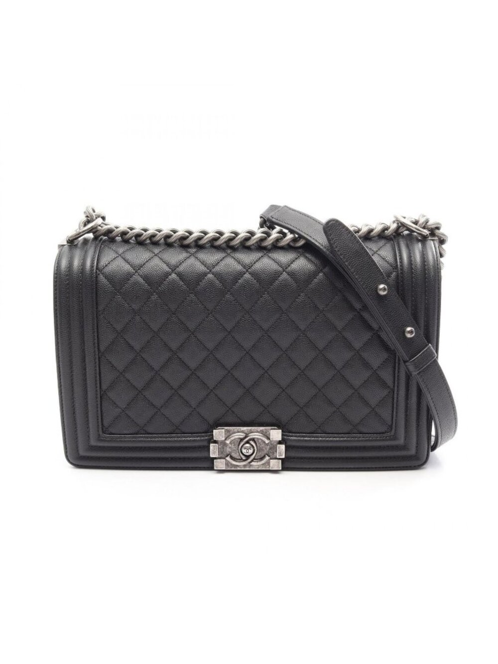 Chanel Shoulder Bag Boy Large Chest Blanc Black Caviar Leather Boy Chain